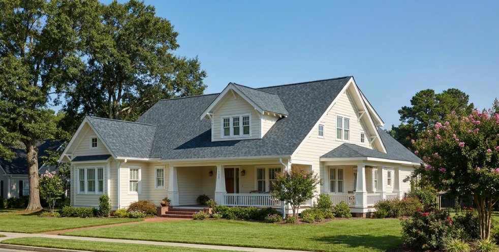 New roof on a Portsmouth, VA home with a front porch and landscaped yard