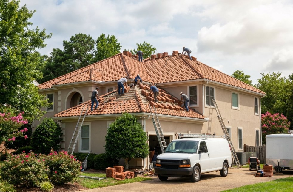 Roofers installing clay tiles on a Virginia Beach, VA home with ladders, tile stacks, and a work van onsite