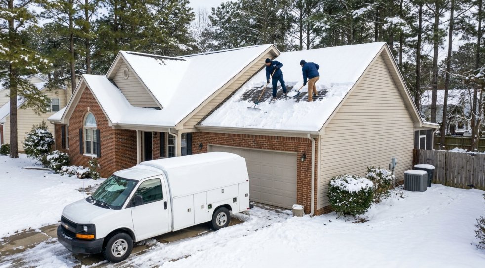 Workers shoveling snow from a residential roof in Virginia Beach, VA with a service van parked outside